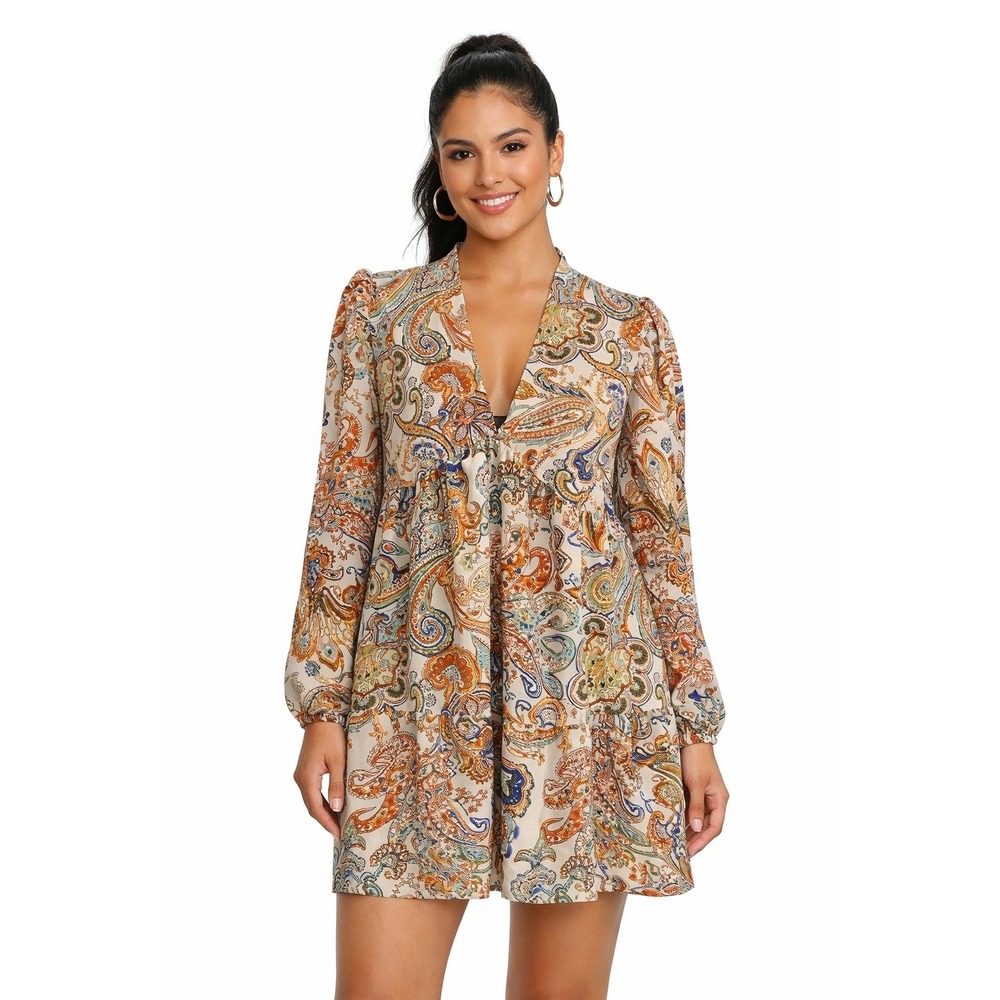 Boho Paisley Print V-Neck Mini Dress Long Puff Sleeve Babydoll Multi Color